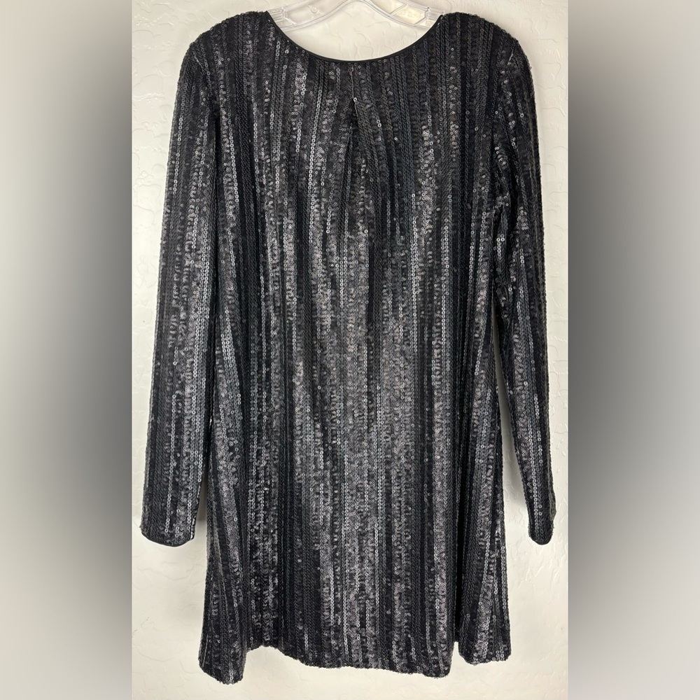 Dress The Population Black Sequin Long Sleeve Mini Shift Dress Striped‎ M 0403 - Picture 3 of 8